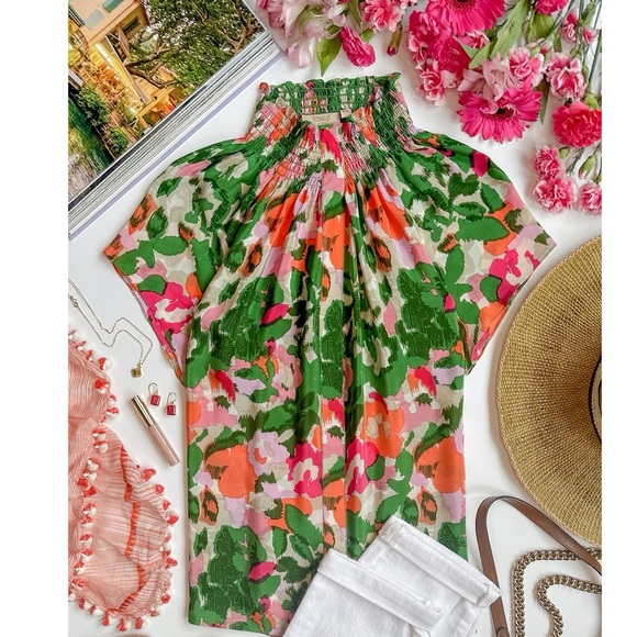 Rungolee || Katarina Silk Blouse High Neck Ruffle in Monet Multi Floral Pink M - Picture 9 of 9